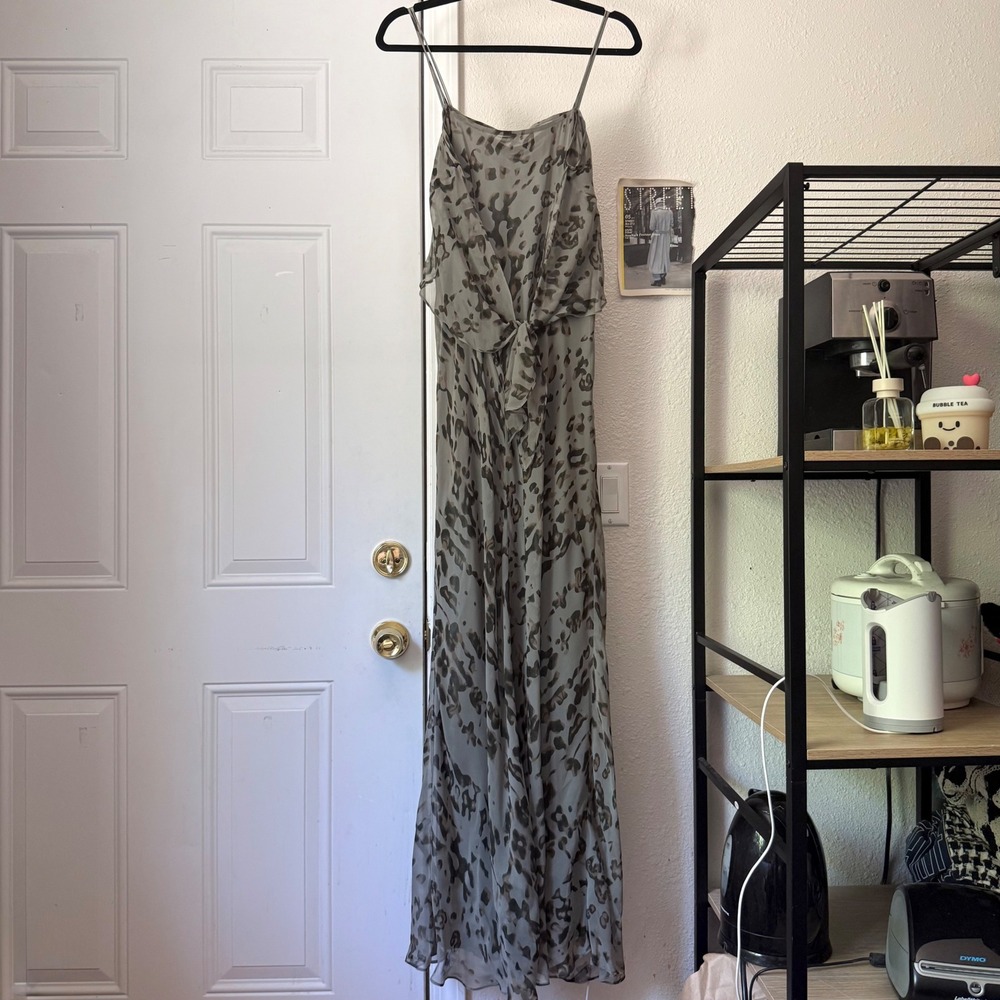 BONNIE STRAUSS sage green sheer leopard camo vintage tie bias cut maxi dress